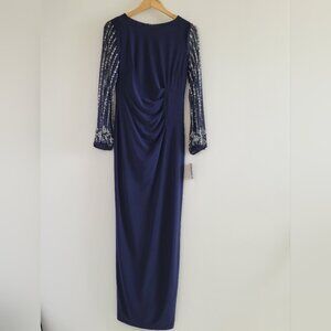 Marina Dress Women's Size 8 Navy Blue Beaded Long Sleeve Maxi Gown Dress